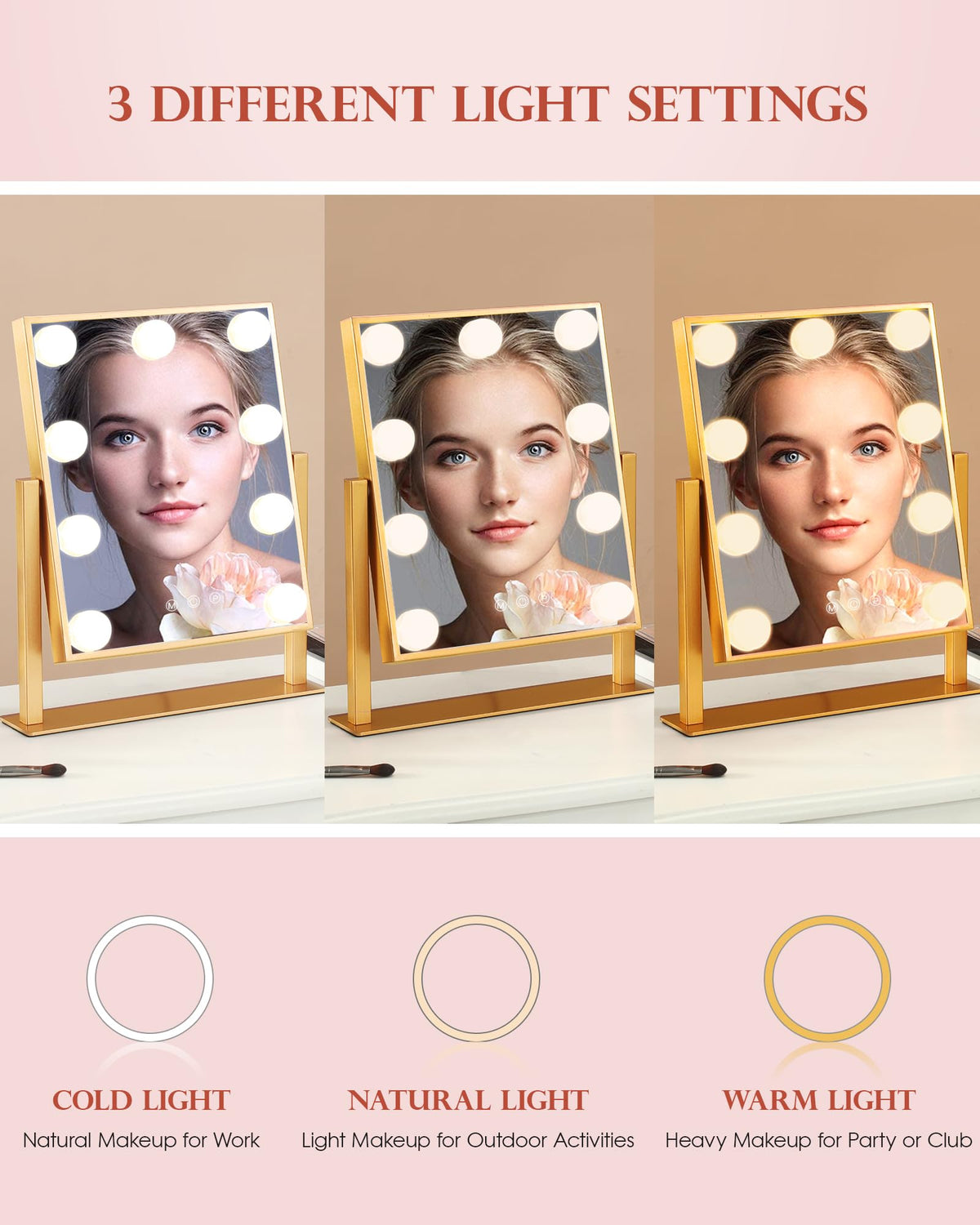 Close-up of BWLLNI Lighted Makeup Mirror with adjustable brightness