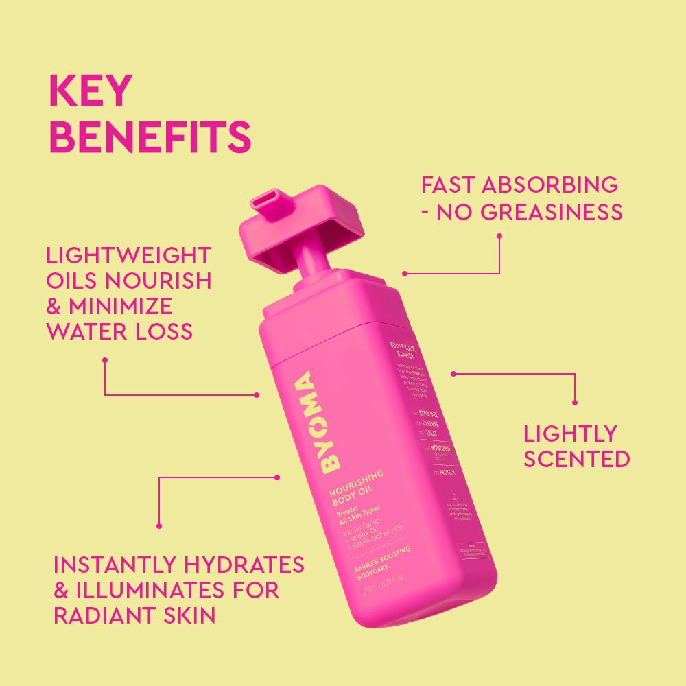 Close-up of BYOMA Nourishing Body Oil bottle