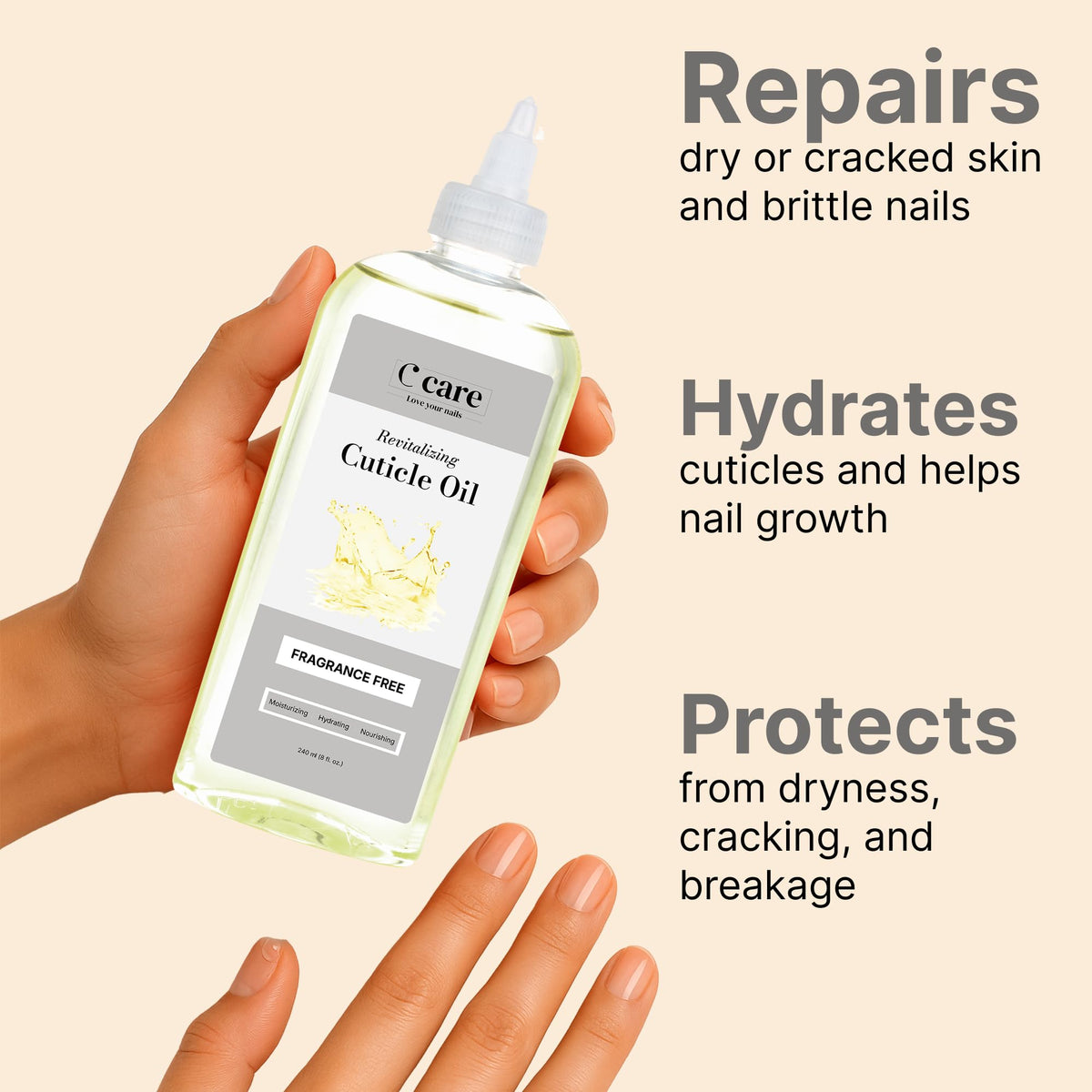 Close-up of C CARE cuticle oil texture