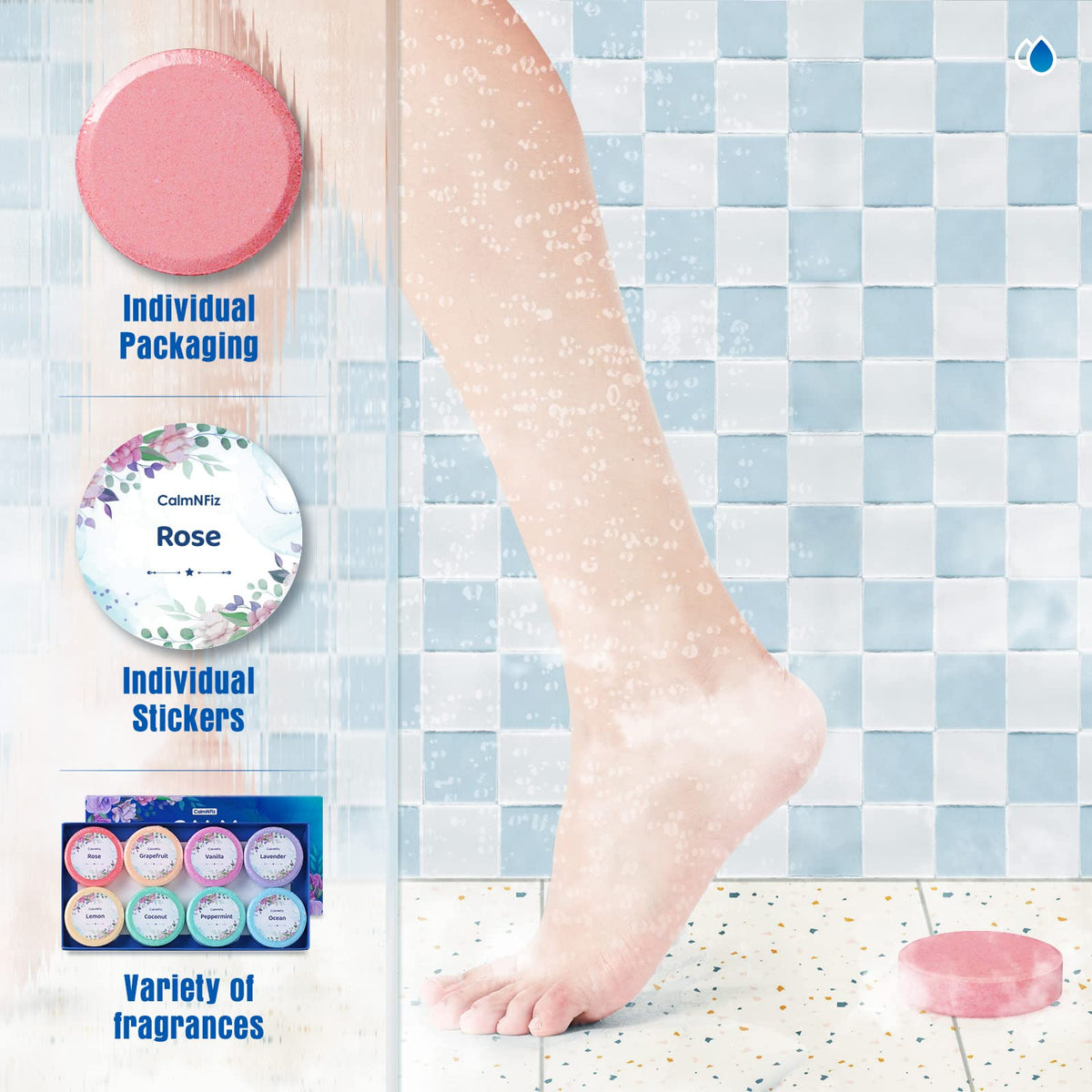 Close-up of CalmNFiz Shower Steamer tablet in lavender scent