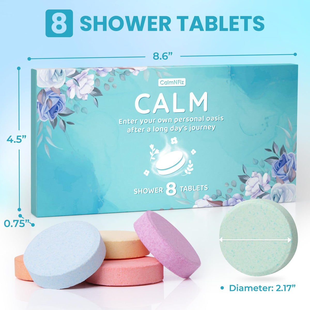 Close-up of CalmNFiz Shower Steamer tablet with peppermint scent