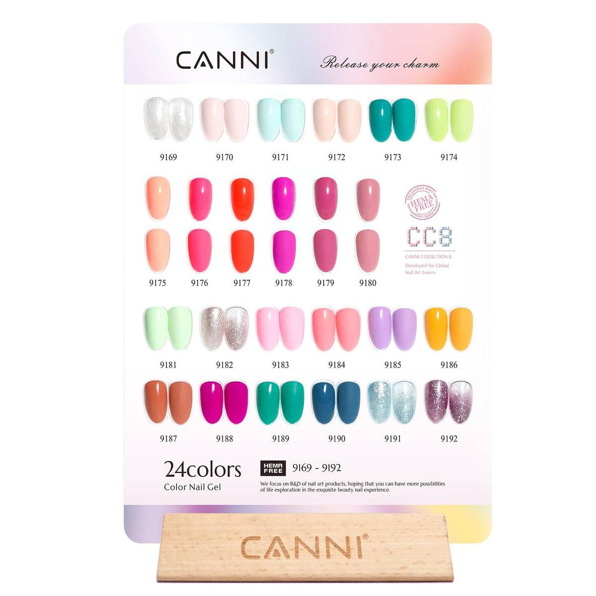 Close-up of CANNI CC8 HEMA-free gel nail polish bottles