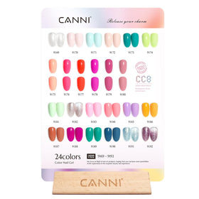 Close-up of CANNI CC8 HEMA-free gel nail polish bottles
