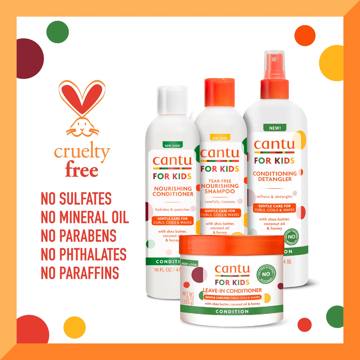 Close-up of Cantu Kids Haircare products with shea butter ingredients