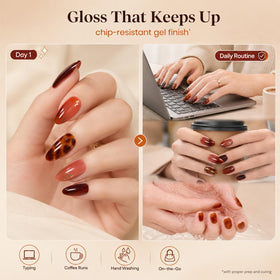 Close-up of caramel brown jelly gel nail polish from Beetles