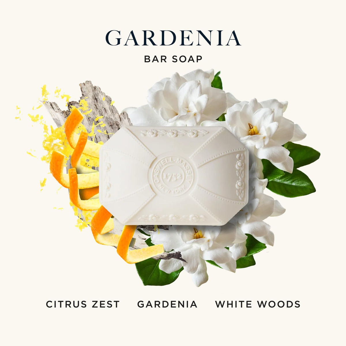 Close-up of Caswell-Massey Gardenia Bar Soap packaging