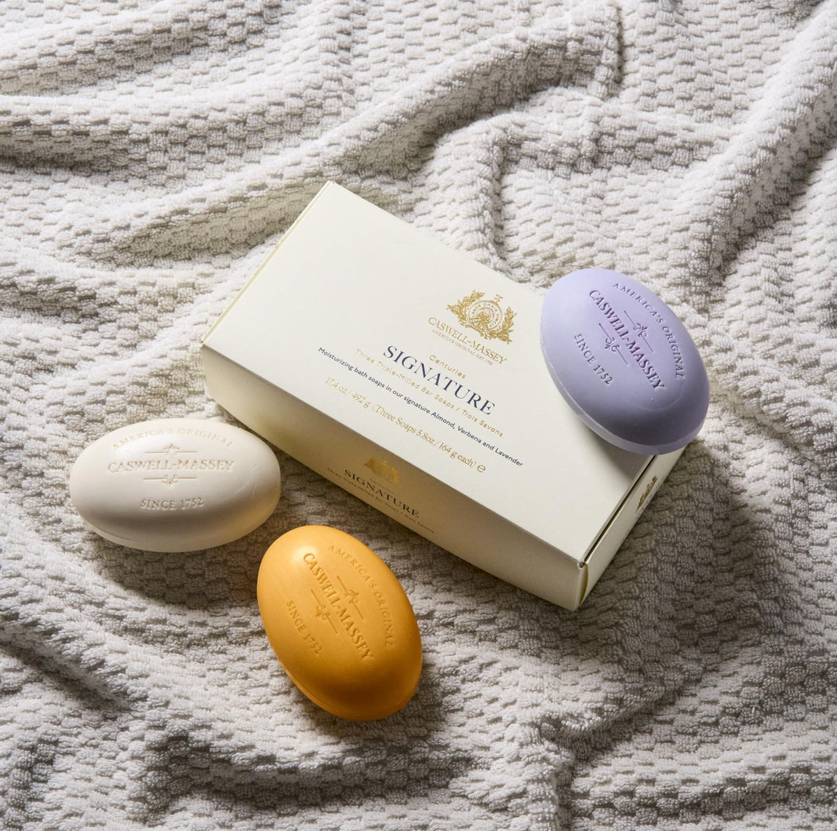 Close-up of Caswell-Massey Lavender scented soap bar