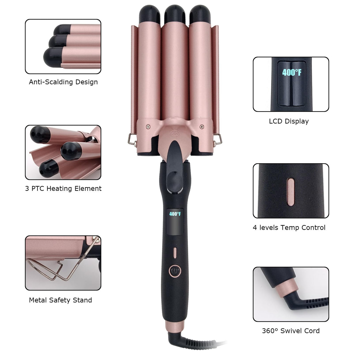 Close-up of ceramic tourmaline barrels on Mistcado Curling Iron