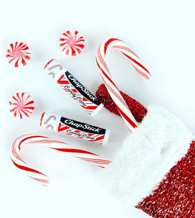 Close-up of ChapStick Candy Cane Lip Balm tube