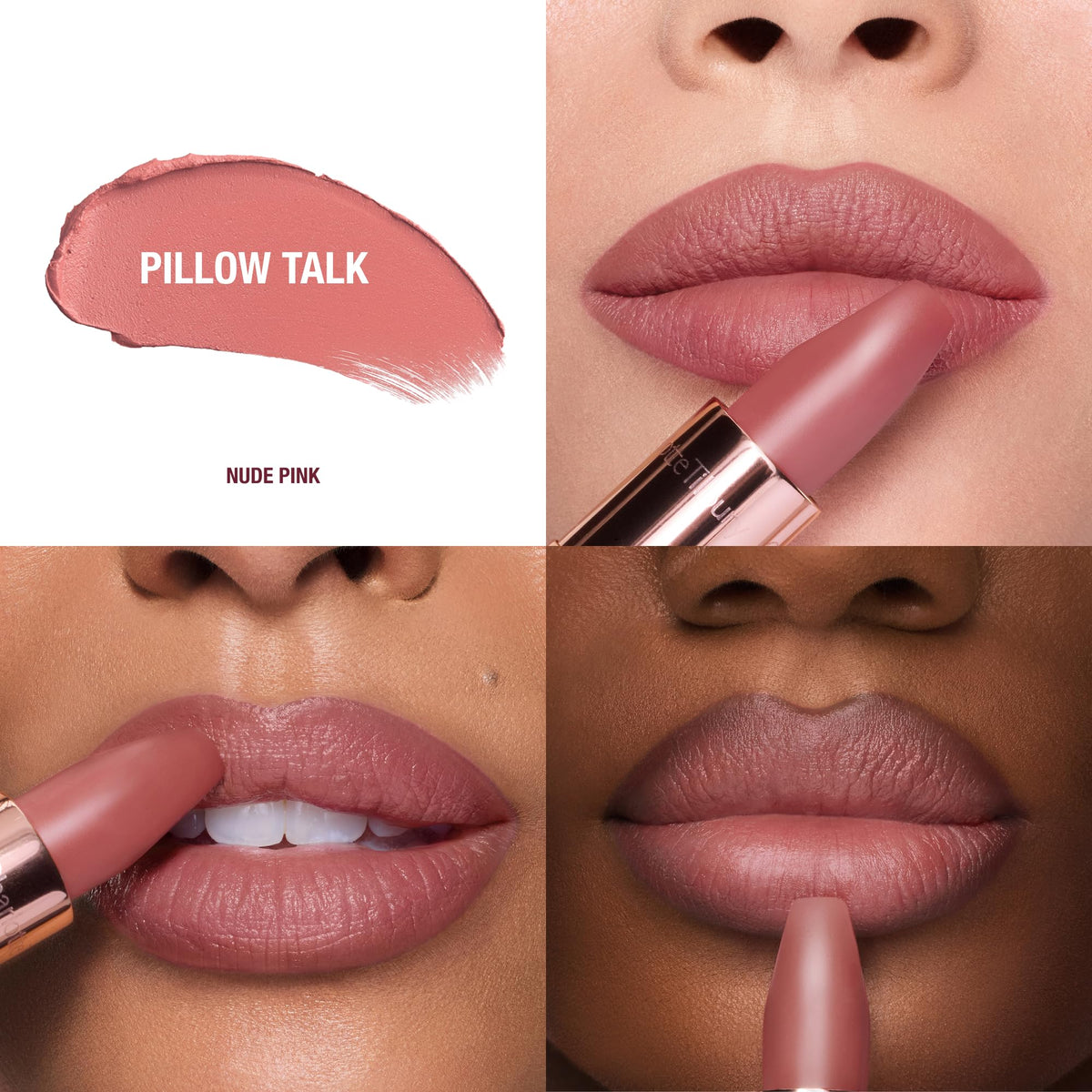Close-up of Charlotte Tilbury Matte Revolution Lipstick in Pillow Talk shade