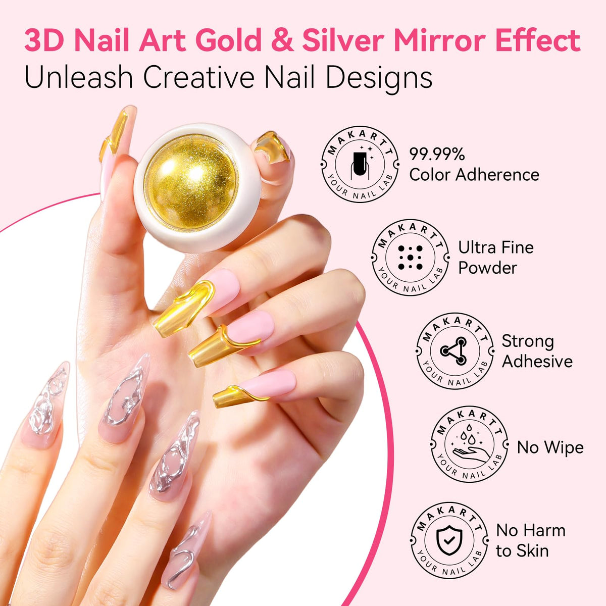 Close-up of chrome nail powders included in the kit