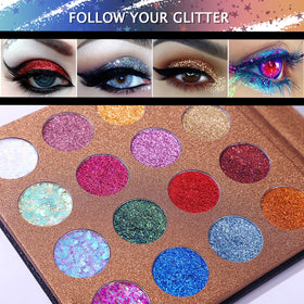 Close-up of chunky glitter eyeshadows in UCANBE palette