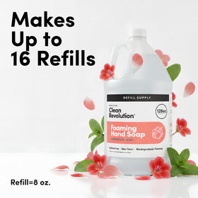 Close-up of Clean Revolution Foaming Hand Soap dispenser with Geranium Mint scent