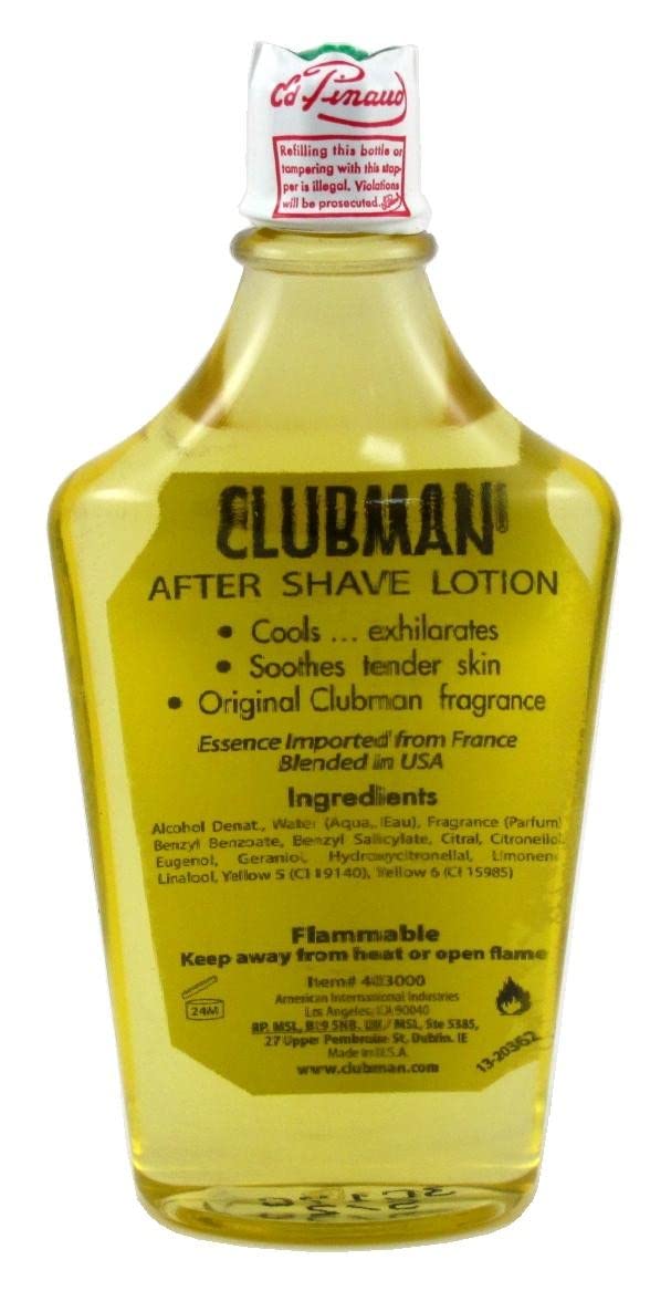 Close-up of Clubman After Shave Lotion bottle showing label and cap