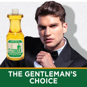 Close-up of Clubman Pinaud After Shave Lotion bottle