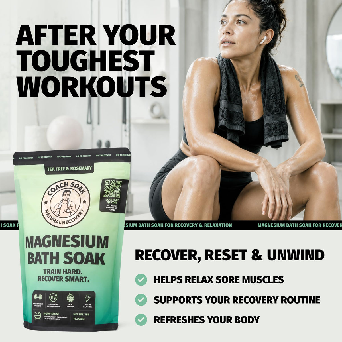 Close-up of Coach Soak Magnesium Bath Salts with tea tree and rosemary