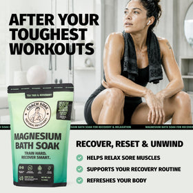 Close-up of Coach Soak Magnesium Bath Salts with tea tree and rosemary