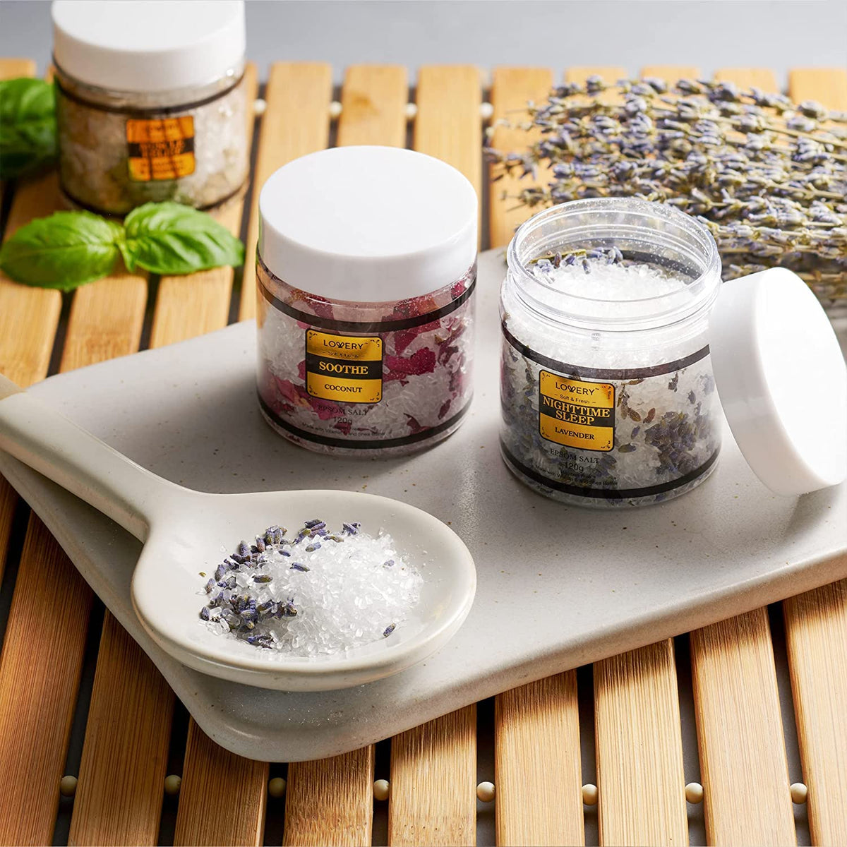 Close-up of Coconut Epsom Salt jar from LOVERY
