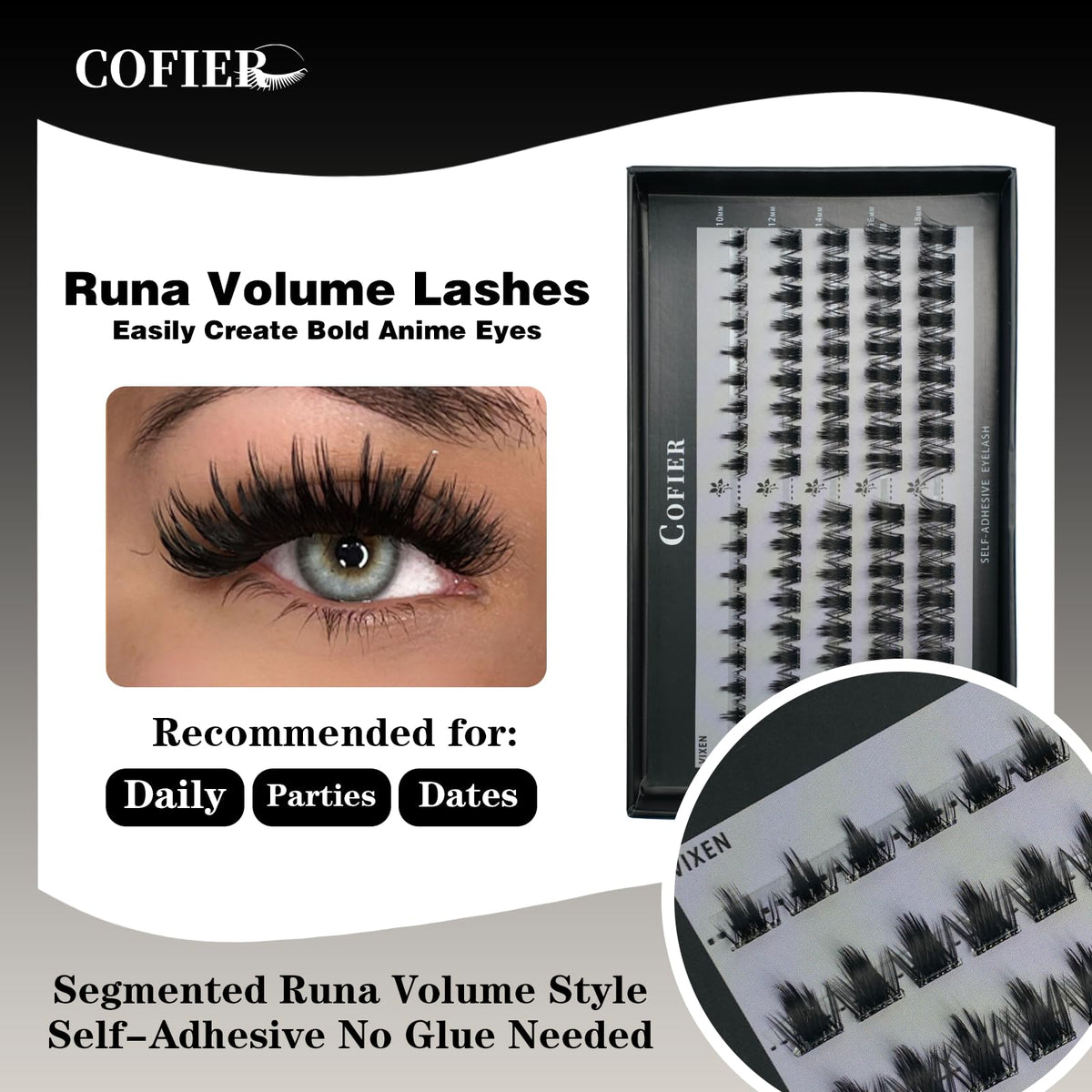 Close-up of CoFier lash clusters showing mixed lengths