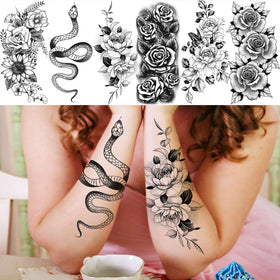 Close-up of COKTAK temporary tattoo designs including roses and snakes