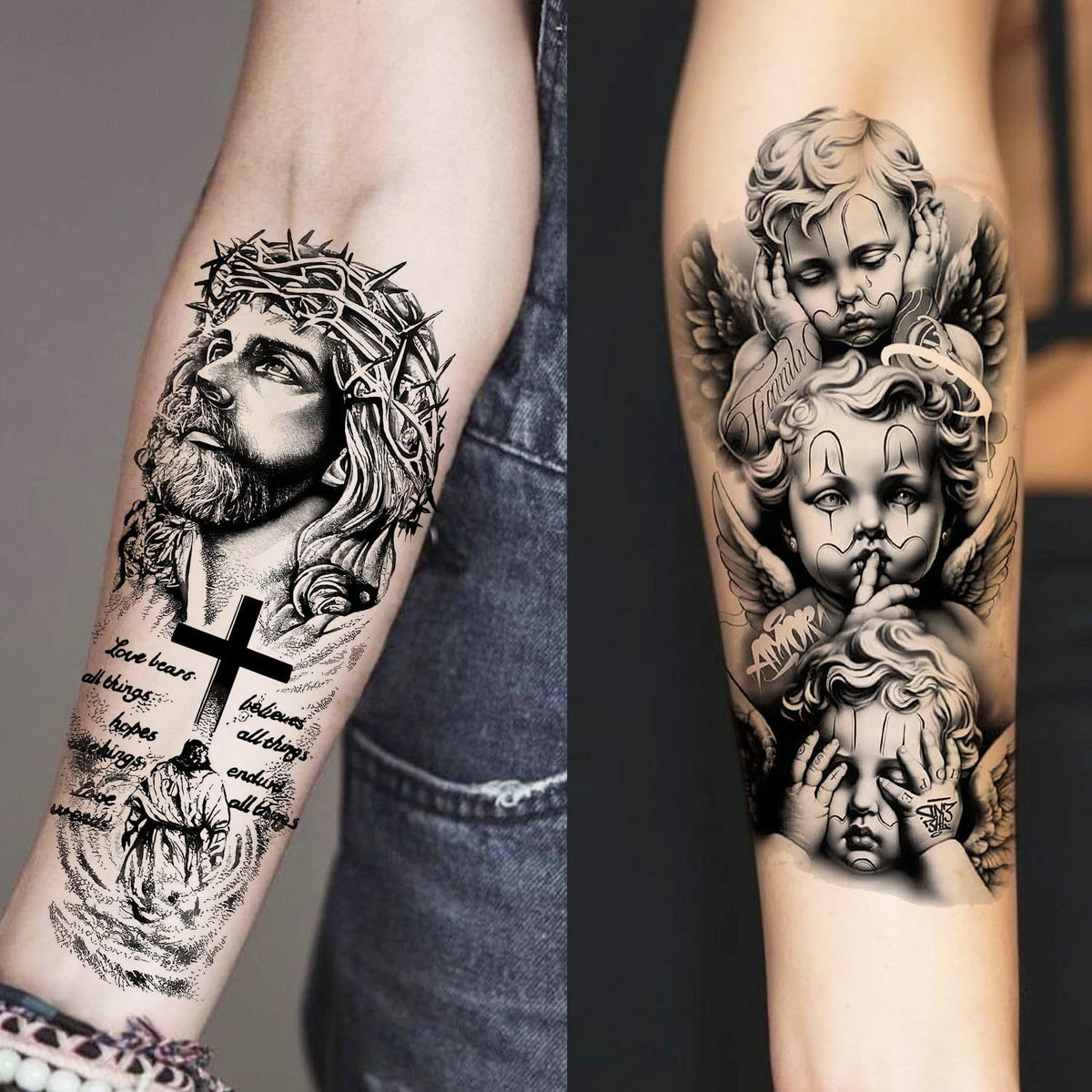 Close-up of COKTAK temporary tattoos featuring angel and dove designs