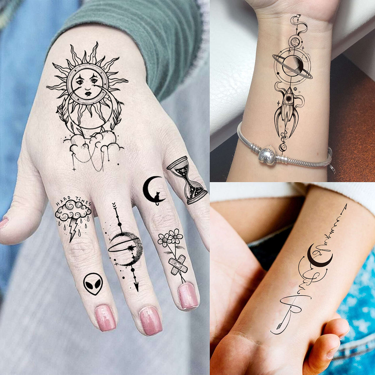 Close-up of COKTAK temporary tattoos featuring stars and planets