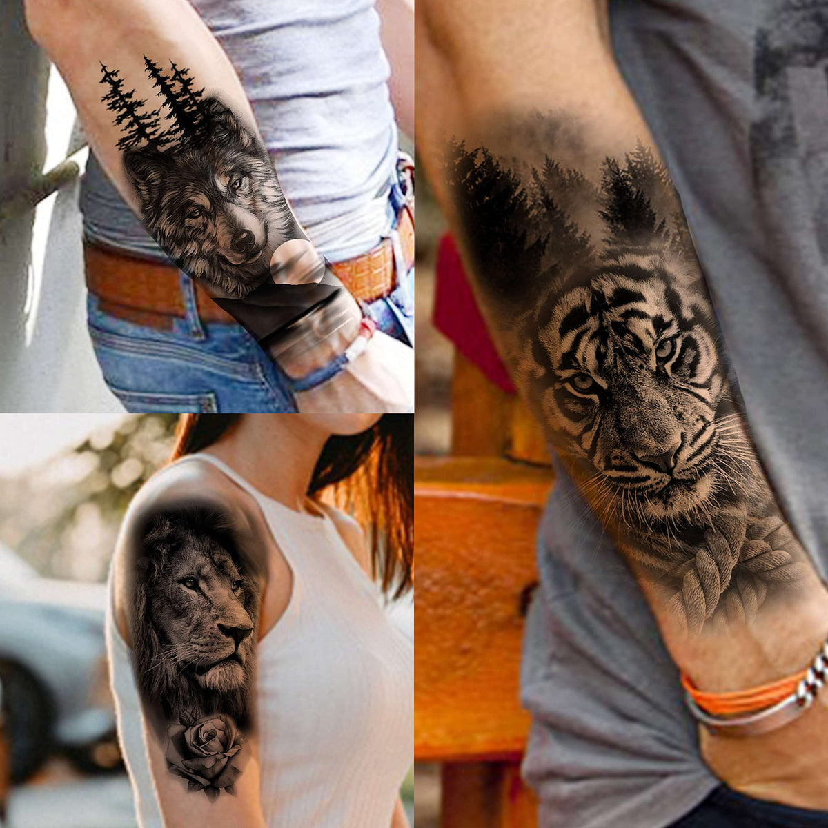 Close-up of COKTAK temporary tattoos showing detailed lion and tiger designs