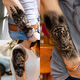 Close-up of COKTAK temporary tattoos showing detailed lion and tiger designs