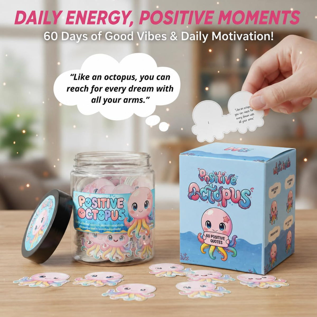 Close-up of colorful affirmation cards inside the Positive Octopus Jar