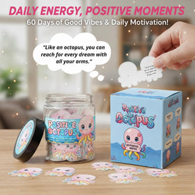 Close-up of colorful affirmation cards inside the Positive Octopus Jar