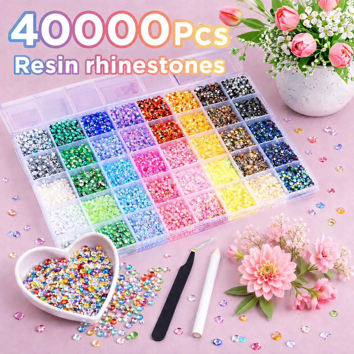 Close-up of colourful flatback rhinestones in the kit