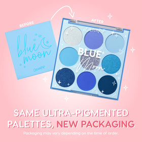 Close-up of ColourPop Blue Moon Eyeshadow Palette with matte and metallic finishes