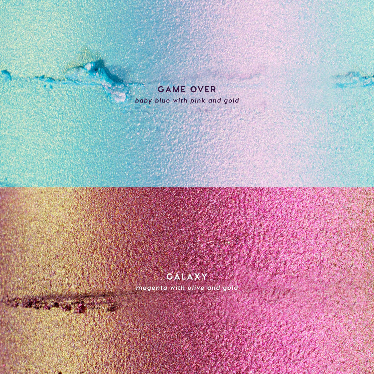 Close-up of ColourPop cream eyeshadow stick Game Over in baby blue with pink and gold