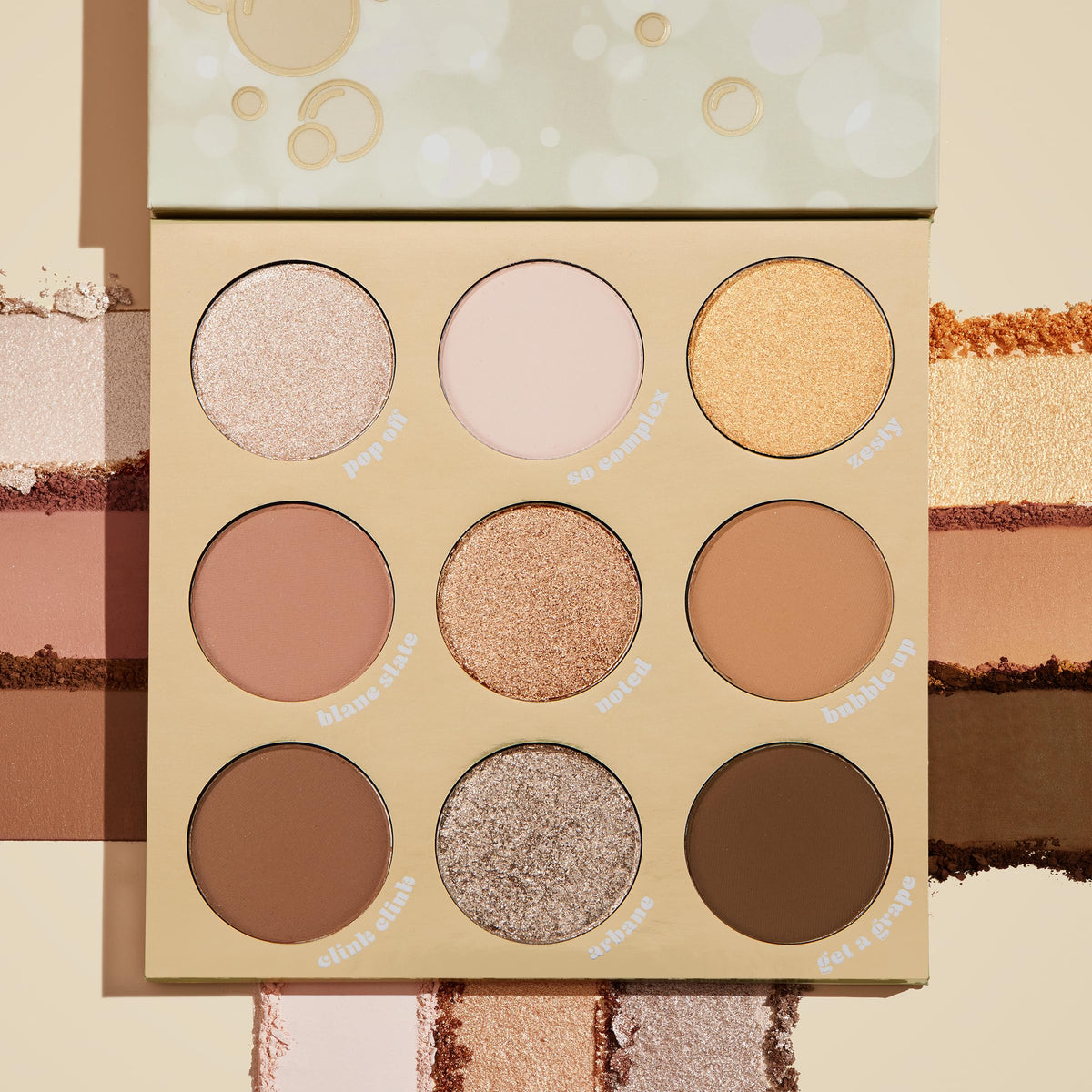 Close-up of ColourPop Feelin' Bubbly Eyeshadow Palette showing metallic and matte finishes