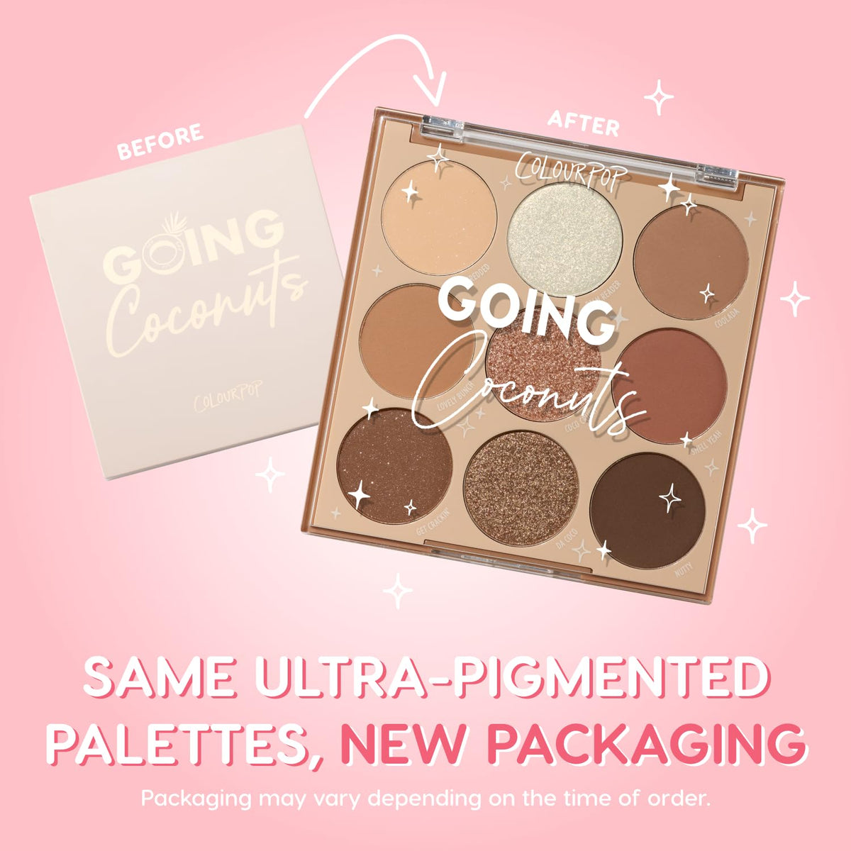 Close-up of ColourPop Going Coconuts Eyeshadow Palette showing texture