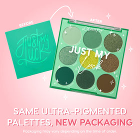 Close-up of ColourPop Just My Luck palette showcasing green and neutral shades