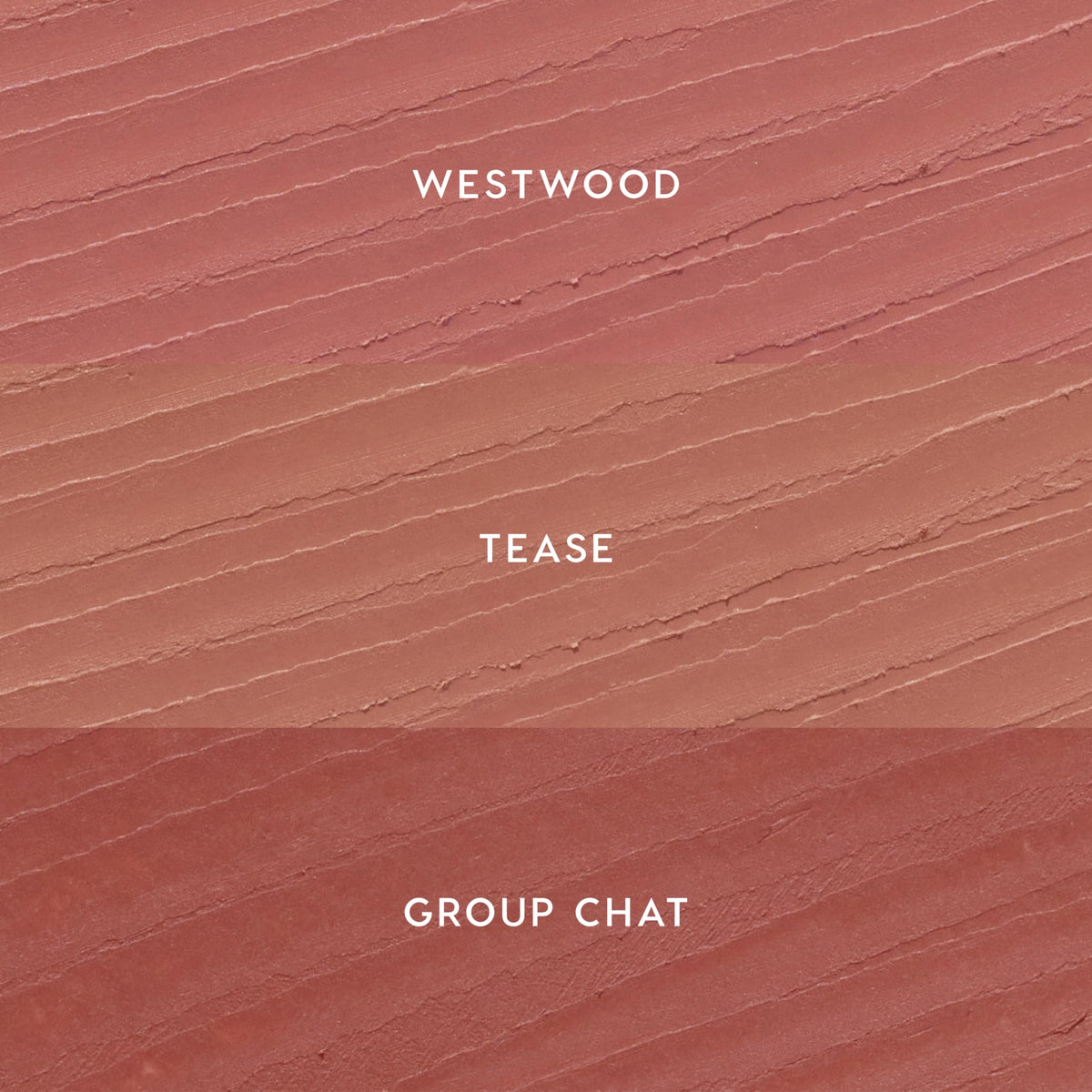 Close-up of ColourPop lip liner shades Westwood, Tease, and Group Chat
