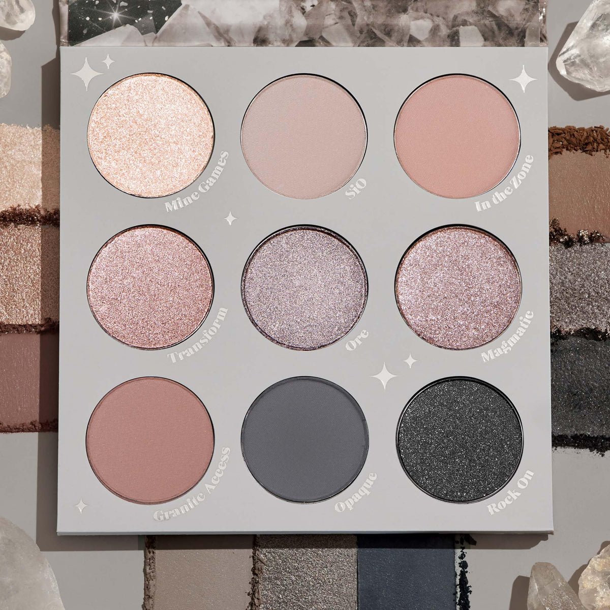 Close-up of ColourPop Of Quartz Eyeshadow Palette showing icy champagne and grey shades