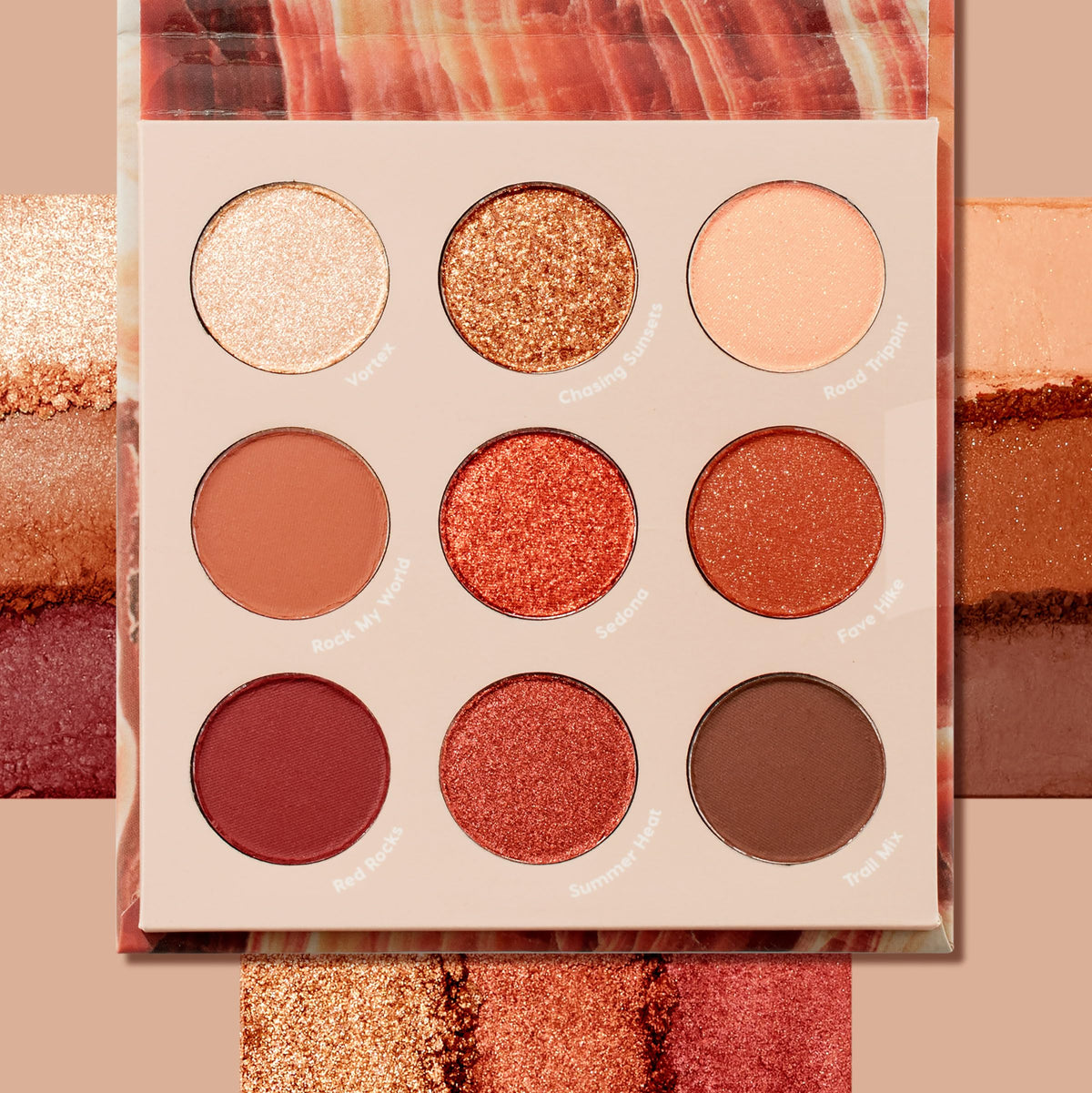 Close-up of ColourPop Rock On Eyeshadow Palette showing metallic and matte finishes