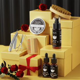 Close-up of Comfy Mate Beard Kit brush and balm