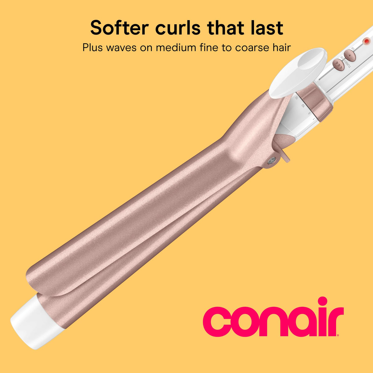 Close-up of Conair curling iron barrel and control settings