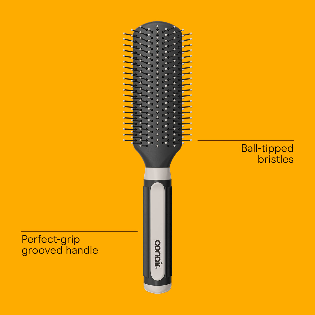 Close-up of Conair hairbrush with ball-tipped nylon bristles