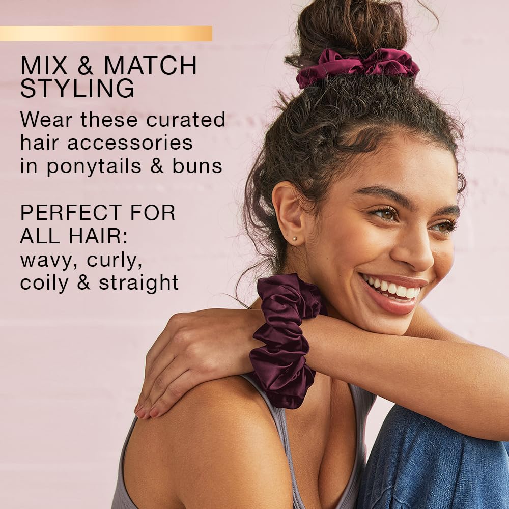 Close-up of Conair Satin Scrunchies in various colours and patterns