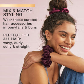 Close-up of Conair Satin Scrunchies in various colours and patterns