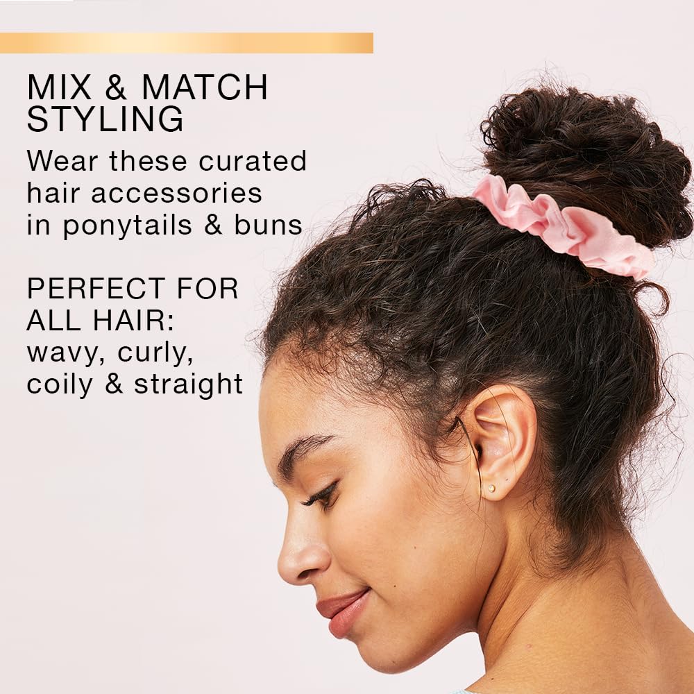 Close-up of Conair scrunchies showing soft knit and sherpa textures