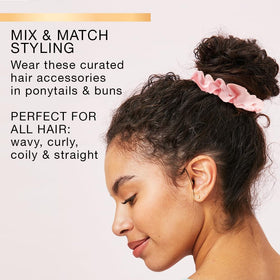 Close-up of Conair scrunchies showing soft knit and sherpa textures