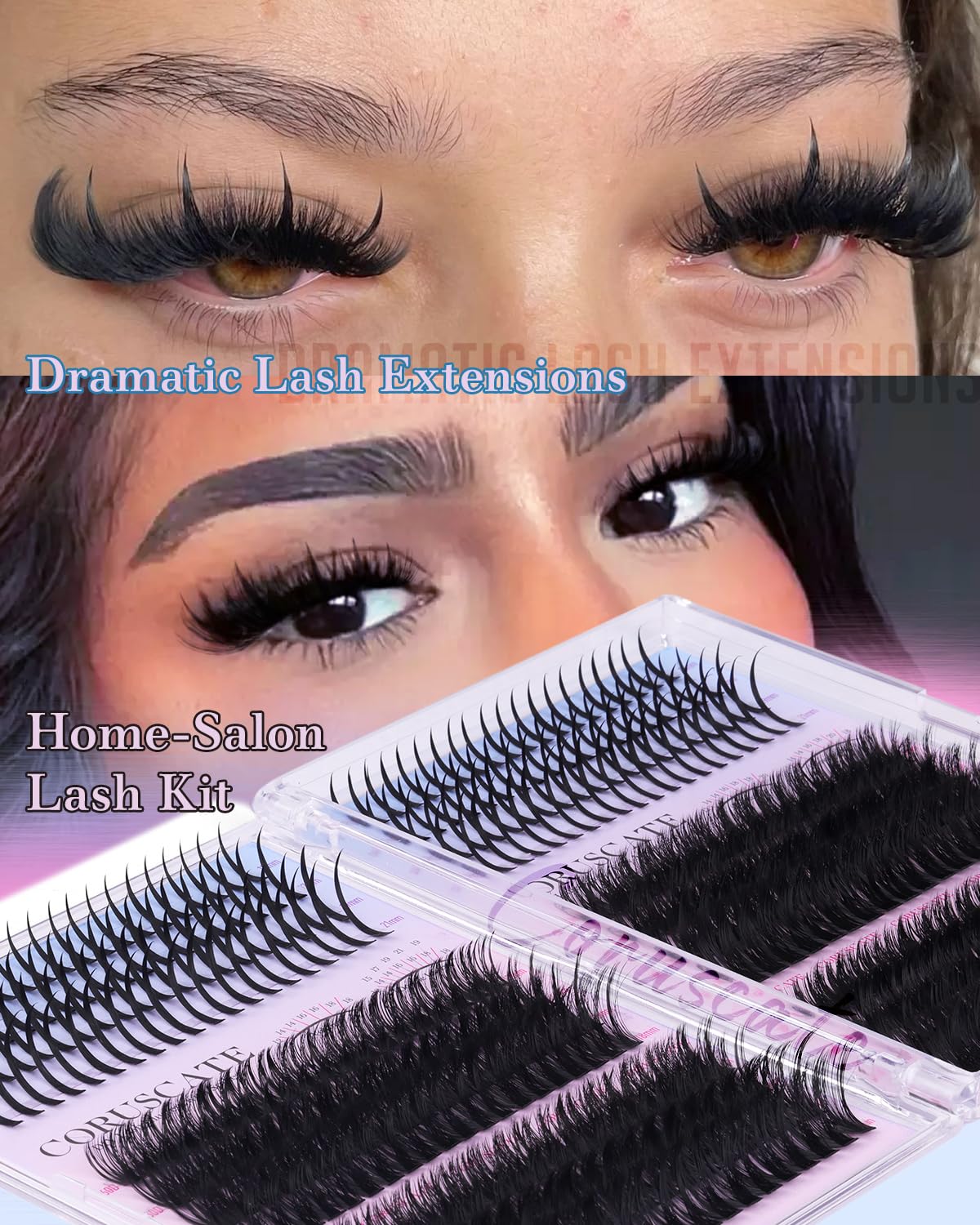 Close-up of CORUSCATE lash clusters showing different lengths