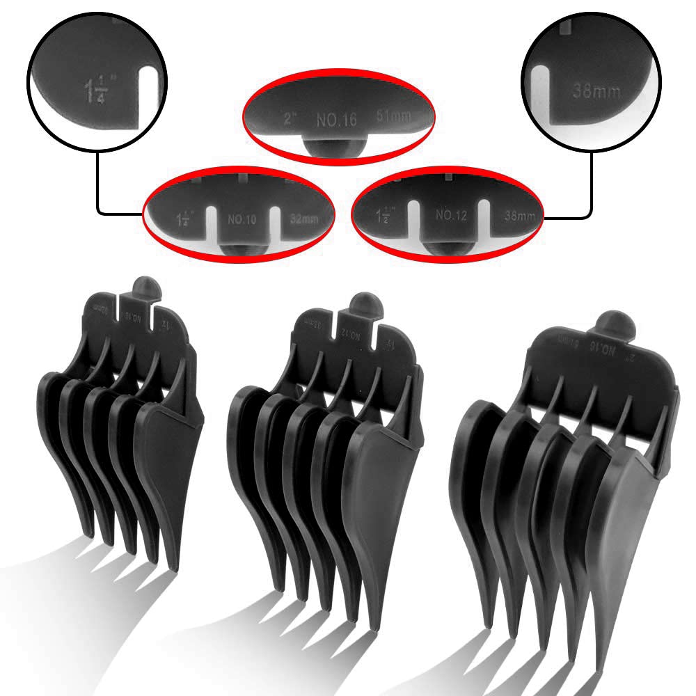 Close-up of CR8GR8 hair clipper guards with sizes NO.10 NO.12 NO.16