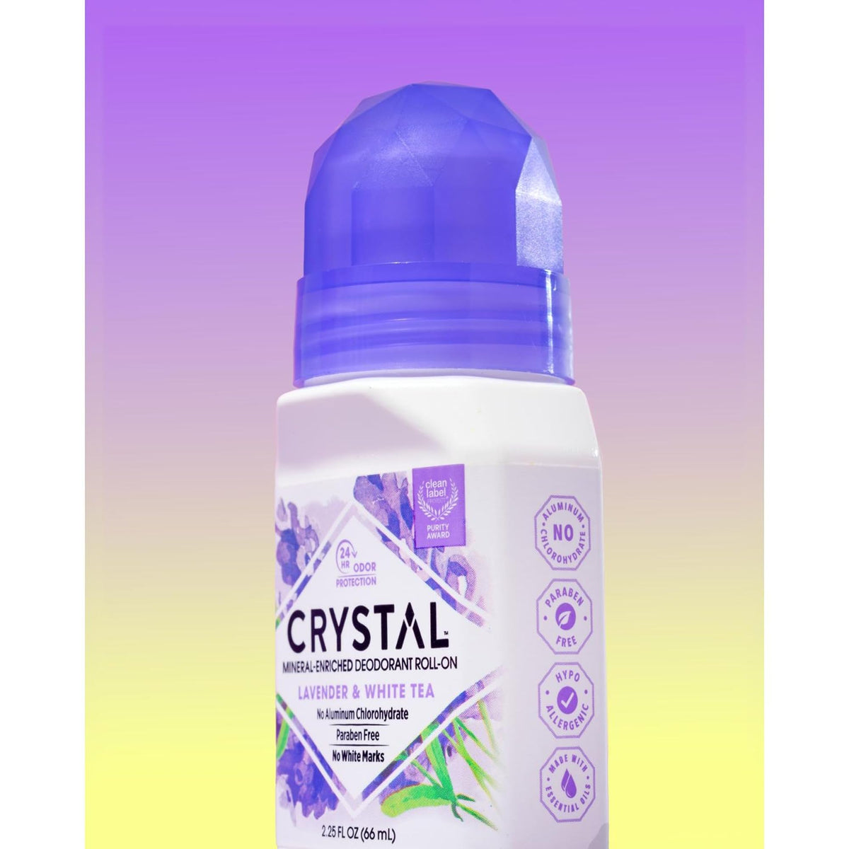 Close-up of Crystal Essence Lavender & White Tea Deodorant Roll-On applicator