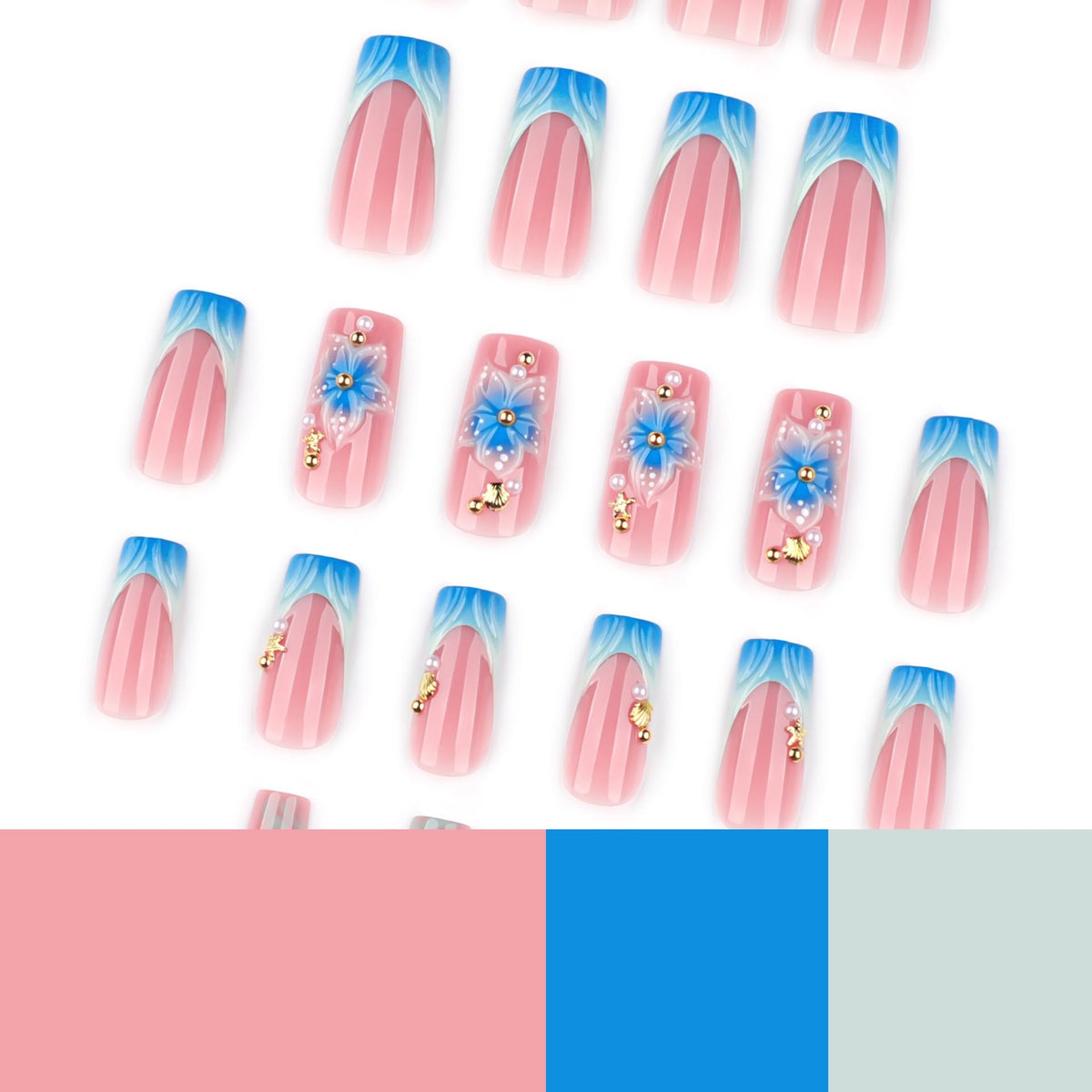 Close-up of CTTHNBD blue French tip nails showing flower detail